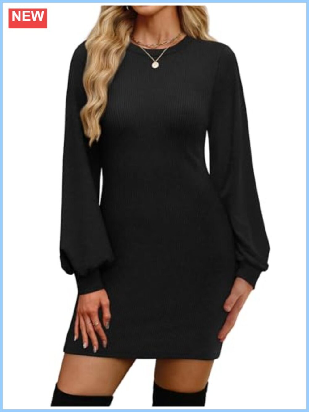 Puff Long Sleeve Crewneck Bodycon Sweater Dress Ribbed